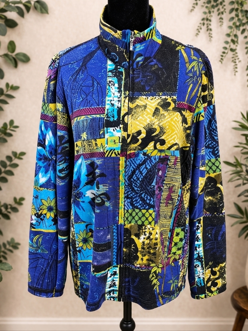 Vintage Rare Chico’s Patchwork Zip Up Jacket Top Asian Art Crinkle Y2K Size 1